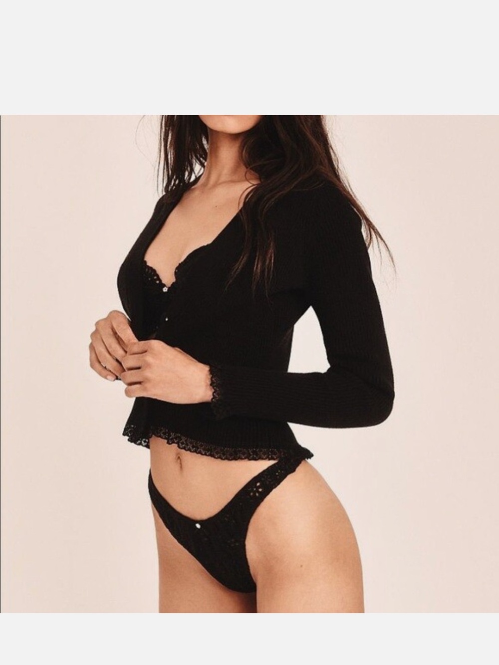 For Love And Lemons Black Lace-Trim Ribbed Cardigan